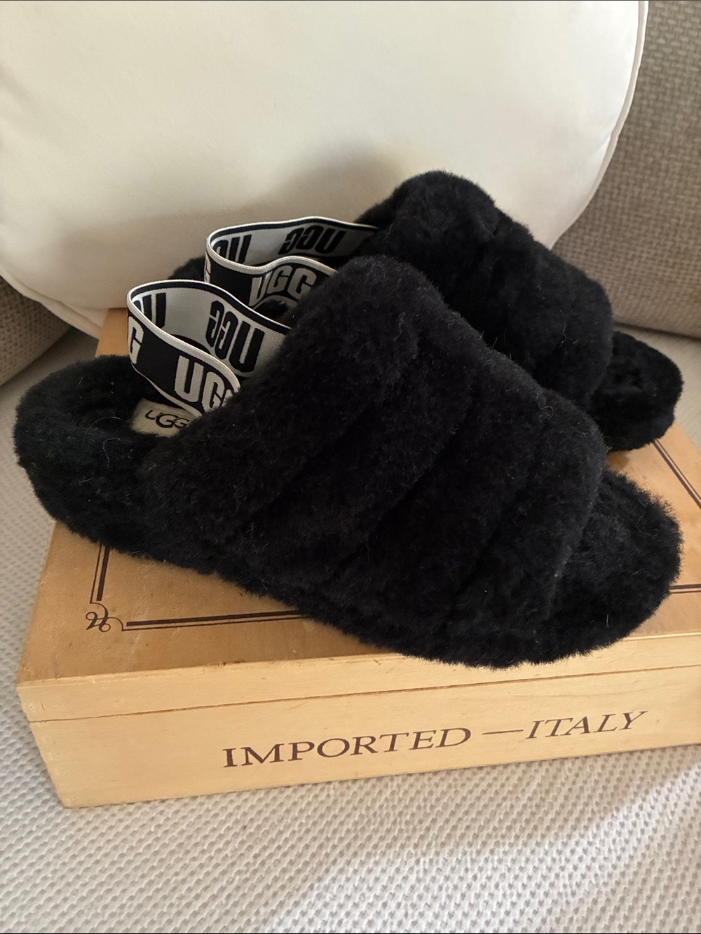 UGG Black Fluff Slide with Branded Heel Strap